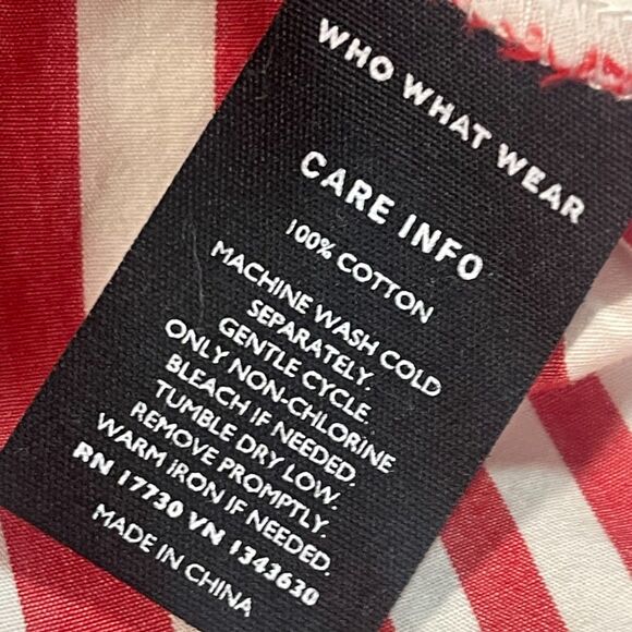 WHO WHAT WEAR red white stripe collared puff sleeve hidden buttons hi-lo hem LG - Picture 4 of 11